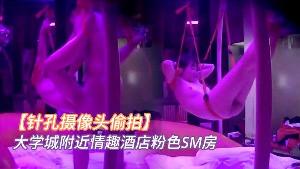 针孔摄像头偷拍大学城附近情趣酒店粉色SM房小情侣看着满屋的情趣用具研究如何玩最后把女友吊着肏